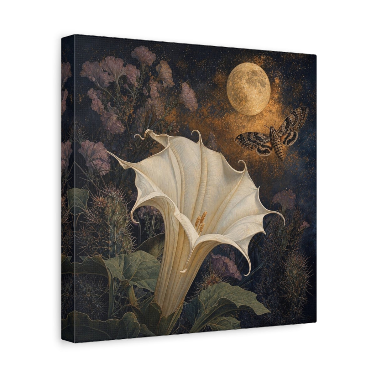 Side Mockup 8. Moonlit Datura And Moth shown as canvas print