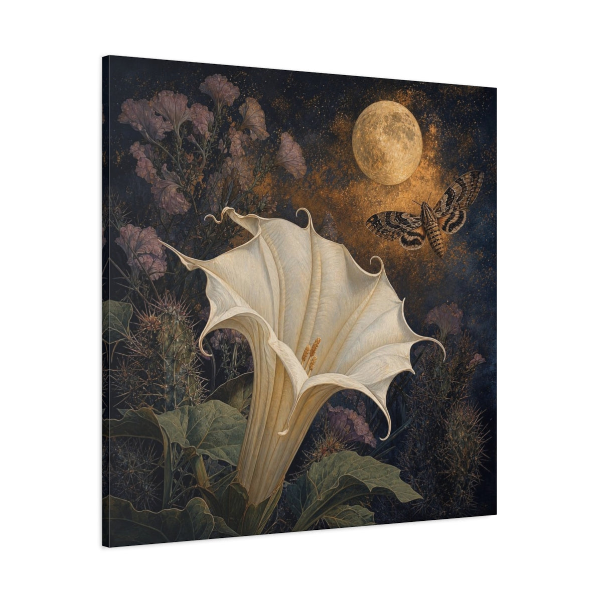 Side Mockup 1. Moonlit Datura And Moth shown as canvas print