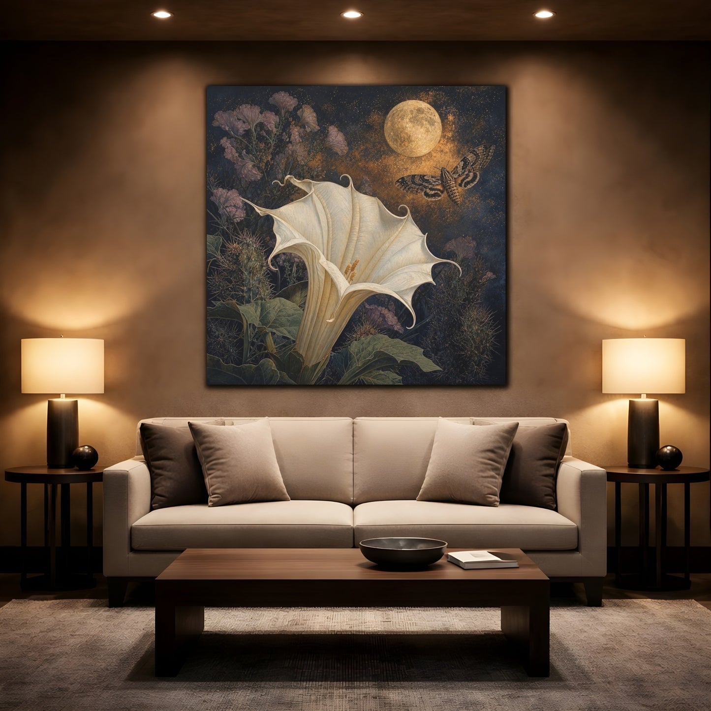 Mockup 2. Moonlit Datura And Moth shown as canvas print