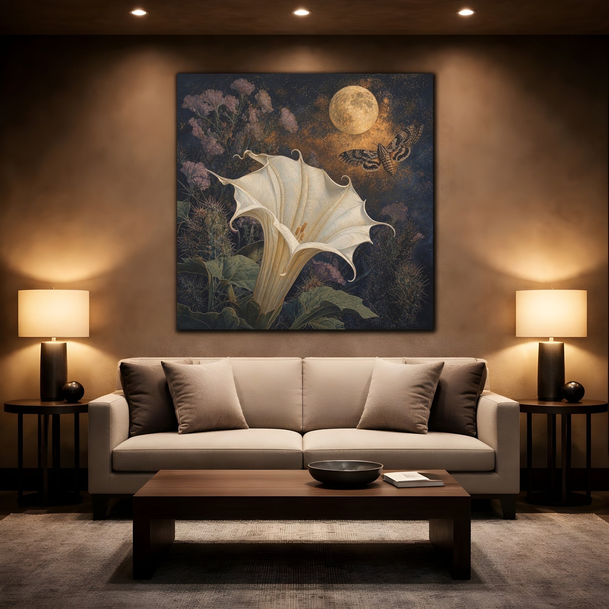 Mockup 2. Moonlit Datura And Moth shown as canvas print