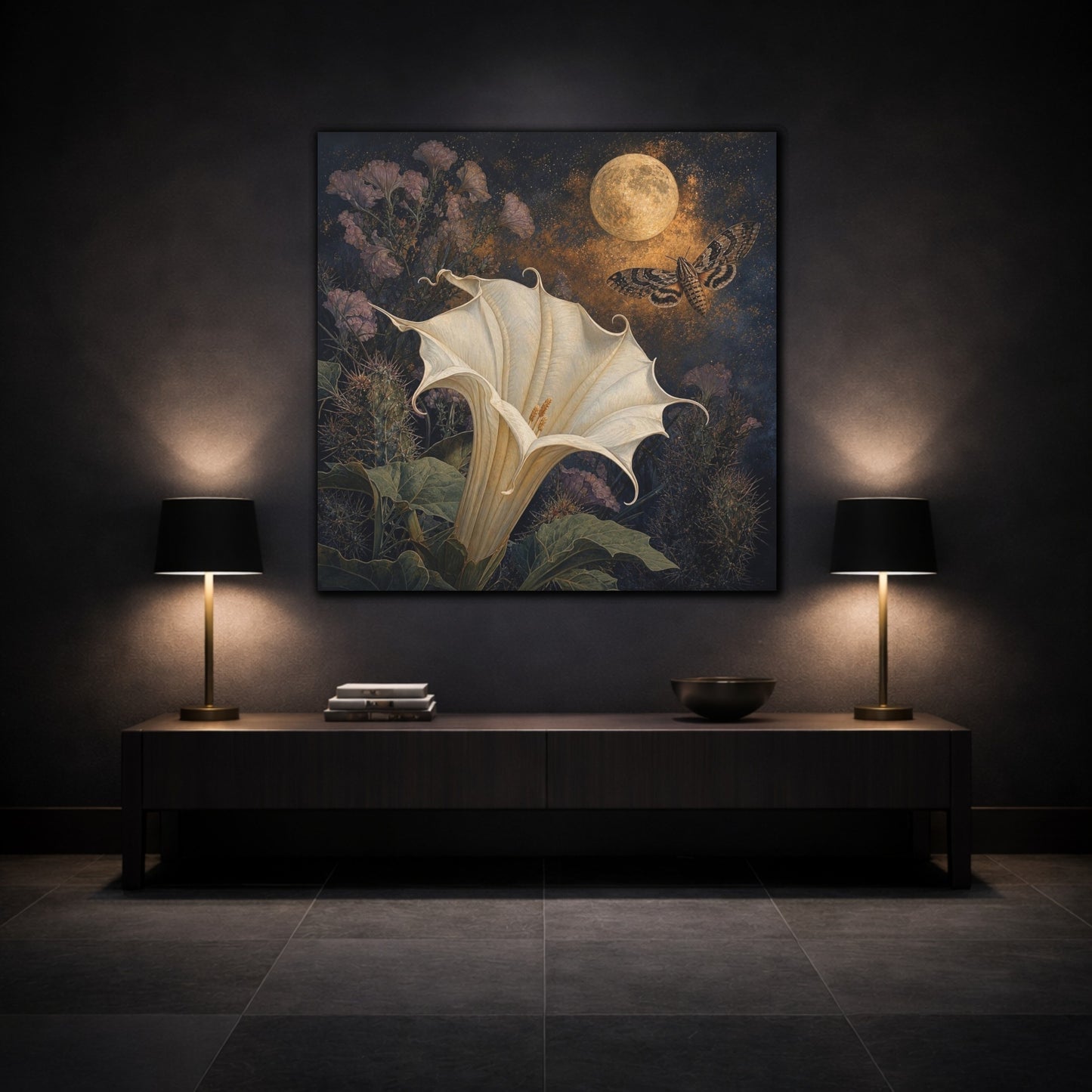 Mockup 3. Moonlit Datura And Moth shown as canvas print