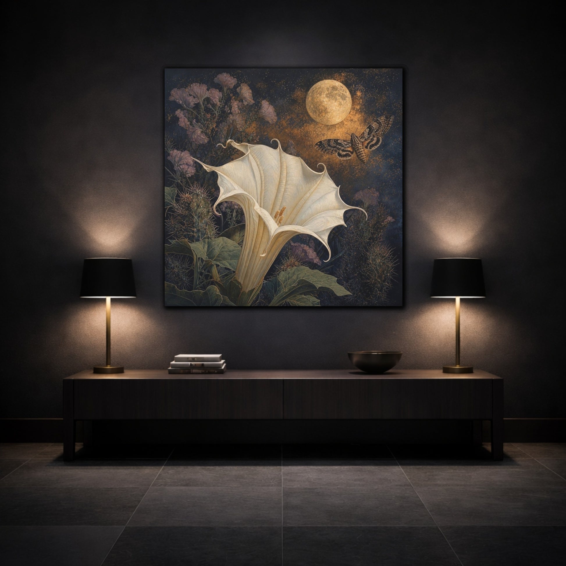 Mockup 3. Moonlit Datura And Moth shown as canvas print