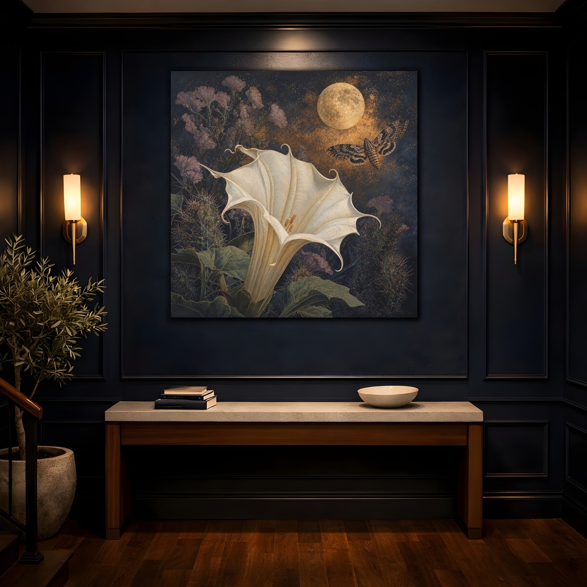 Mockup 4. Moonlit Datura And Moth shown as canvas print