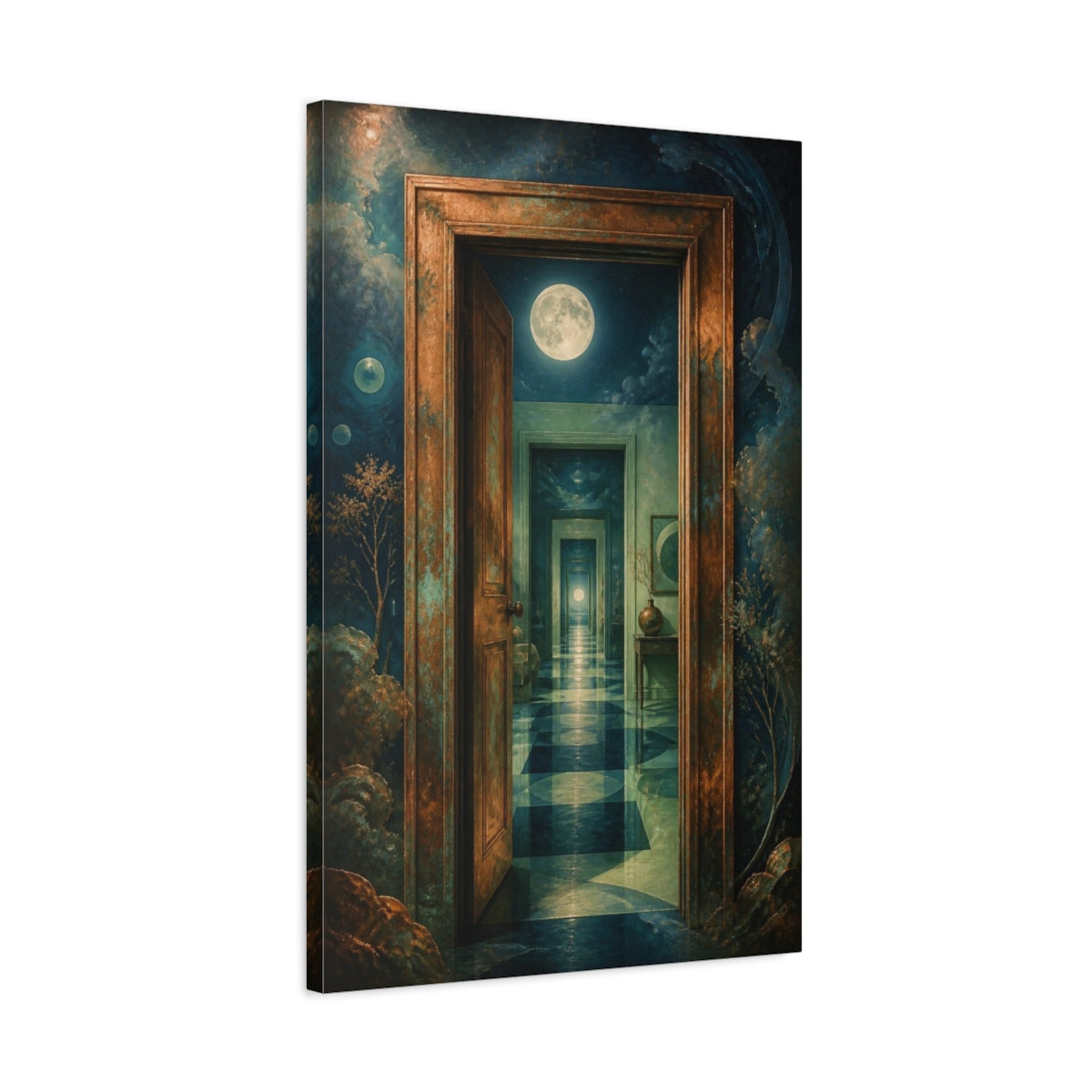 Side Mockup 2. Moonlit Doorway Illusion shown as canvas print