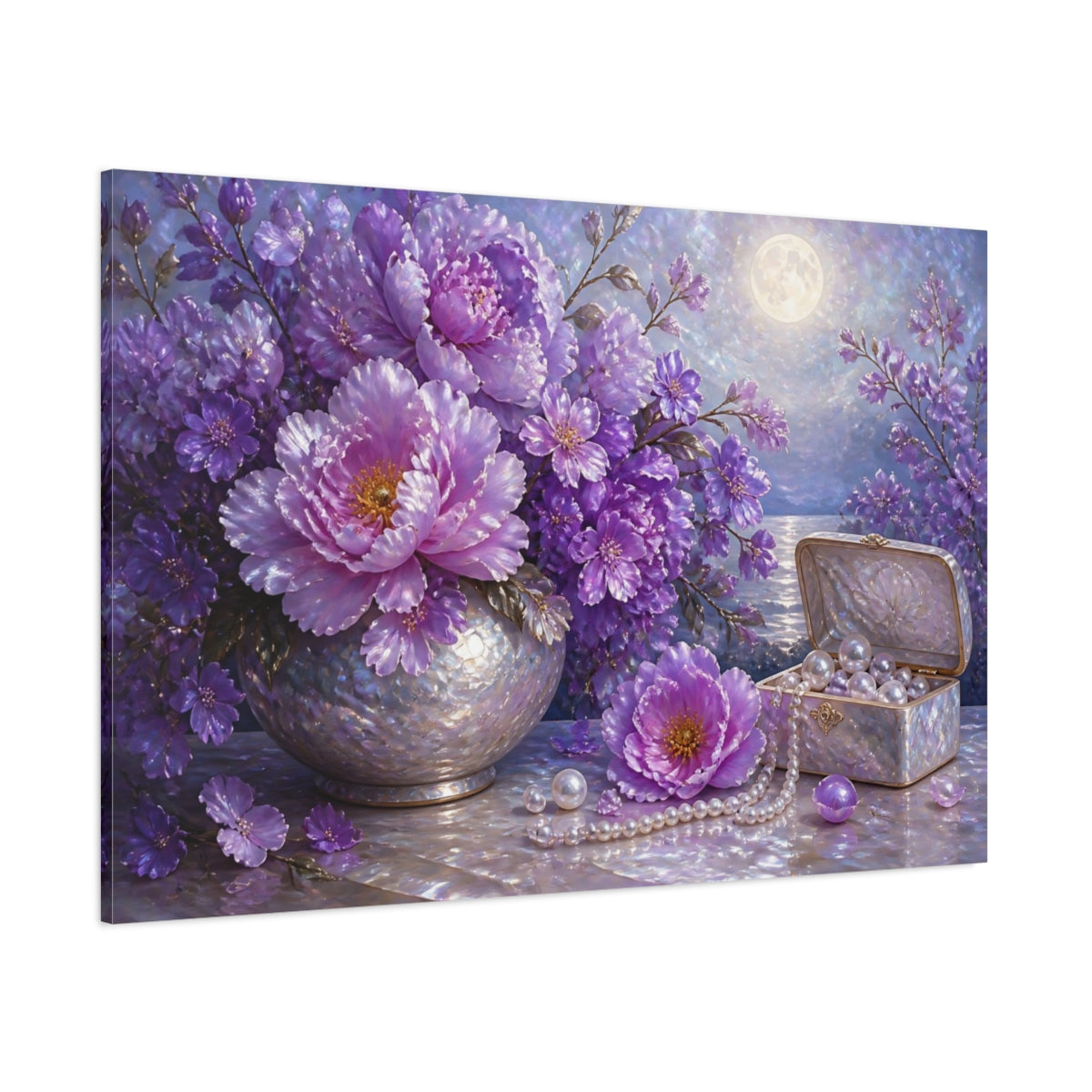 Side Mockup 1. Moonlit Floral Peonies shown as canvas print