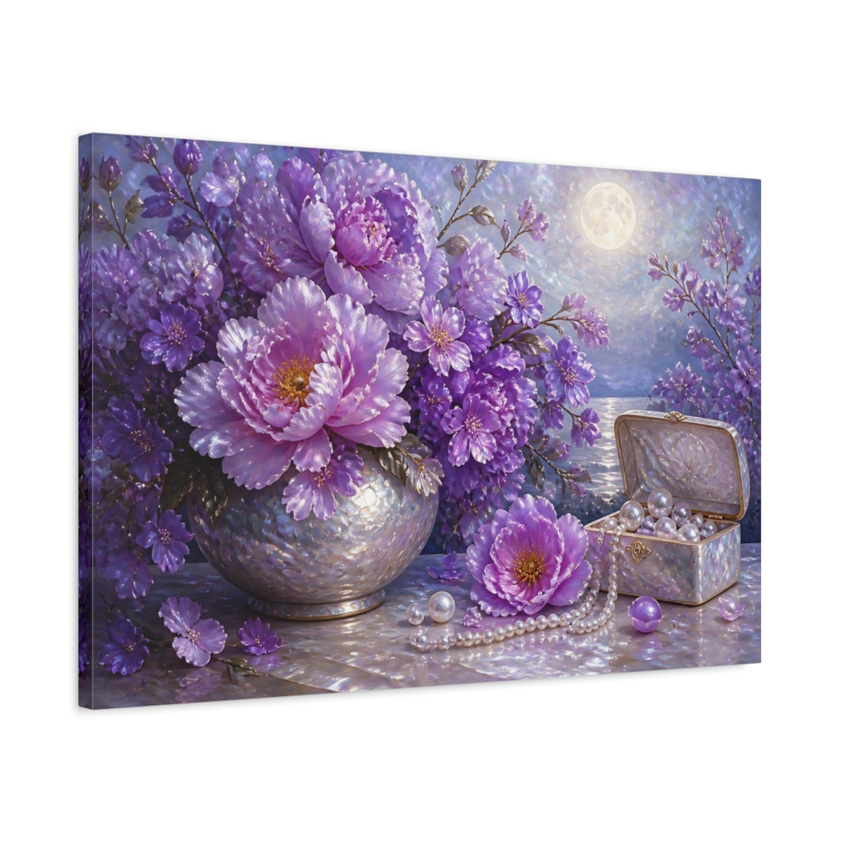 Side Mockup 2. Moonlit Floral Peonies shown as canvas print