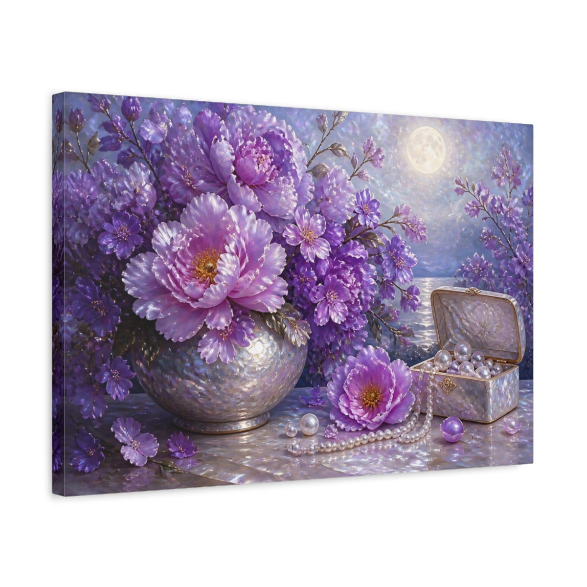Side Mockup 3. Moonlit Floral Peonies shown as canvas print