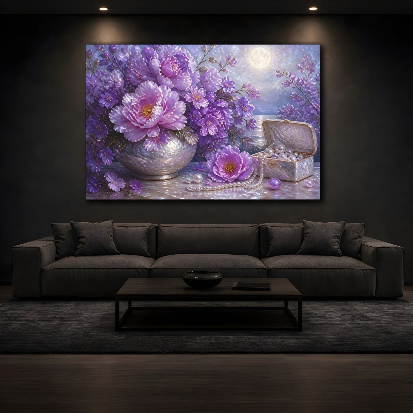 Mockup 3. Moonlit Floral Peonies shown as canvas print