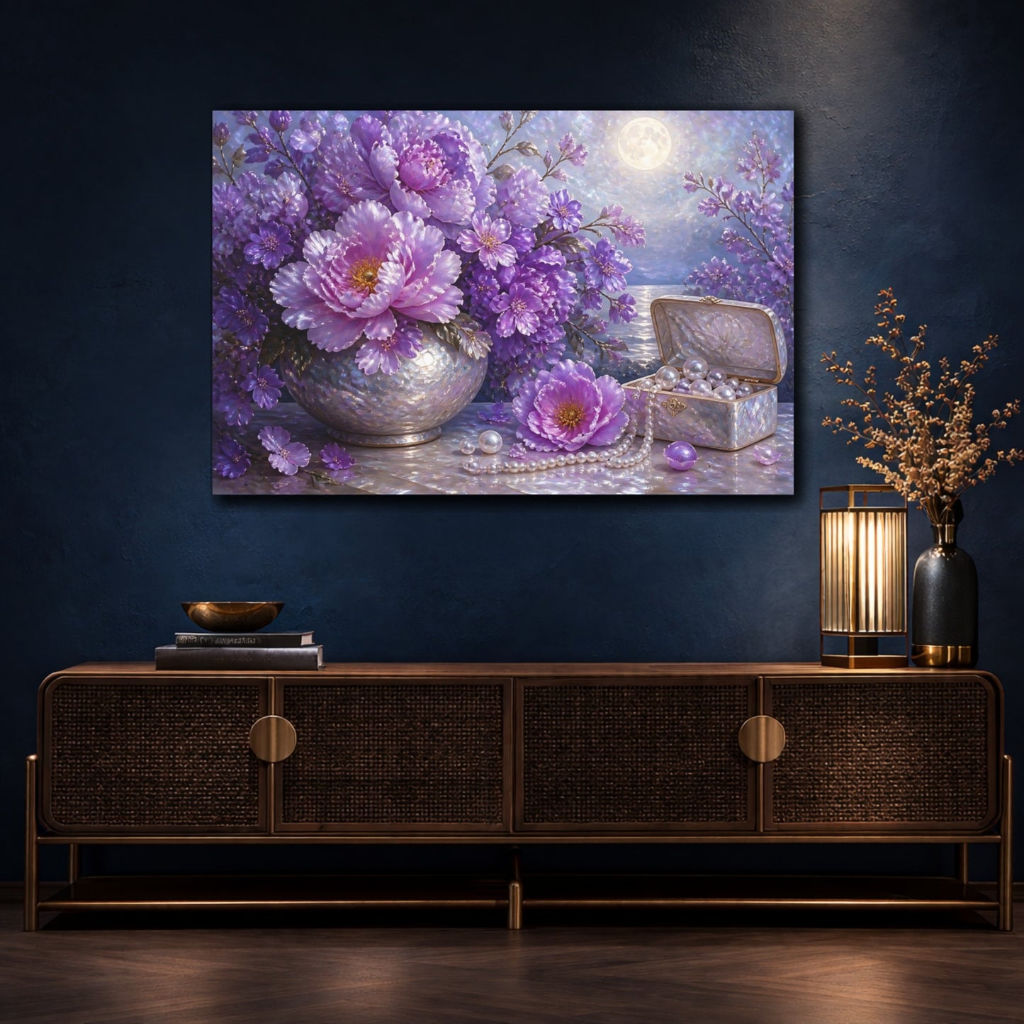 Mockup 4. Moonlit Floral Peonies shown as canvas print