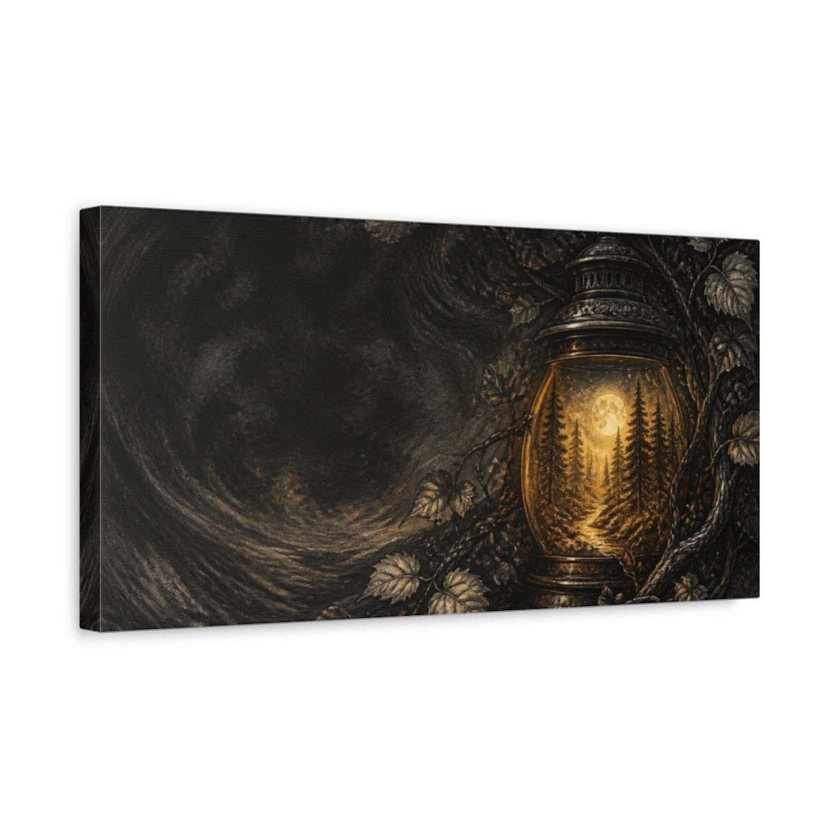 Side Mockup 3. Moonlit Forest Lantern shown as canvas print