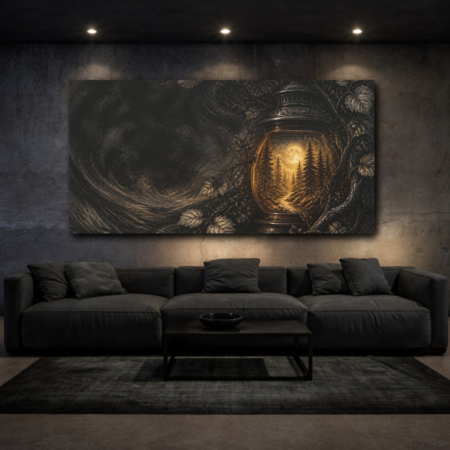 Mockup 3. Moonlit Forest Lantern shown as canvas print