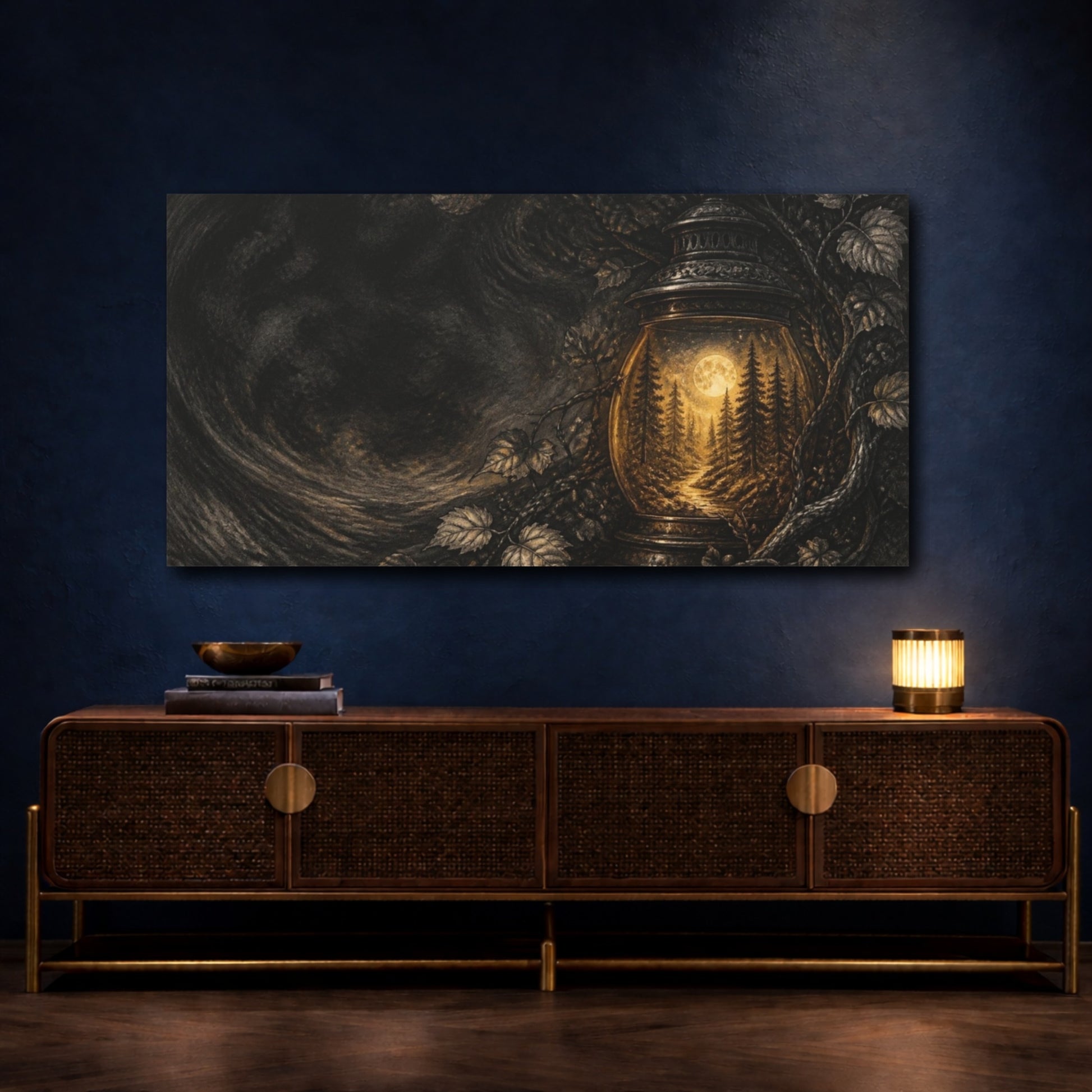 Mockup 4. Moonlit Forest Lantern shown as canvas print