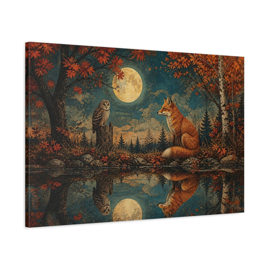 Main Mockup. Moonlit Fox And Owl shown as canvas print