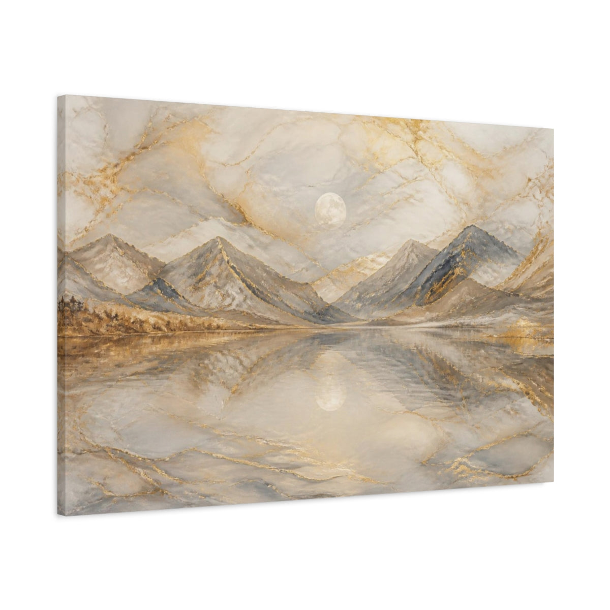 Main Mockup. Moonlit Golden Mountain Lake shown as canvas print