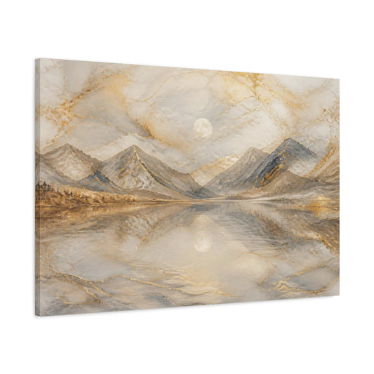 Main Mockup. Moonlit Golden Mountain Lake shown as canvas print