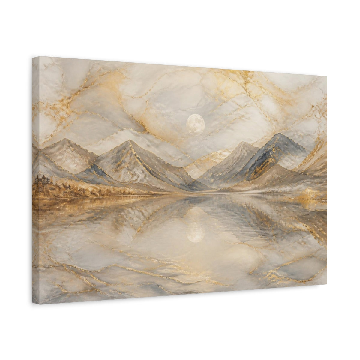 Side Mockup 3. Moonlit Golden Mountain Lake shown as canvas print
