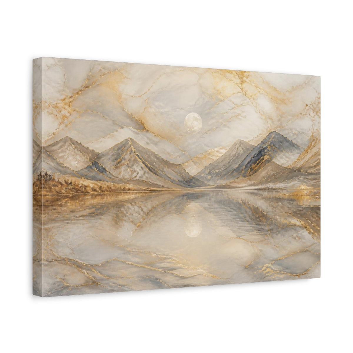 Side Mockup 4. Moonlit Golden Mountain Lake shown as canvas print