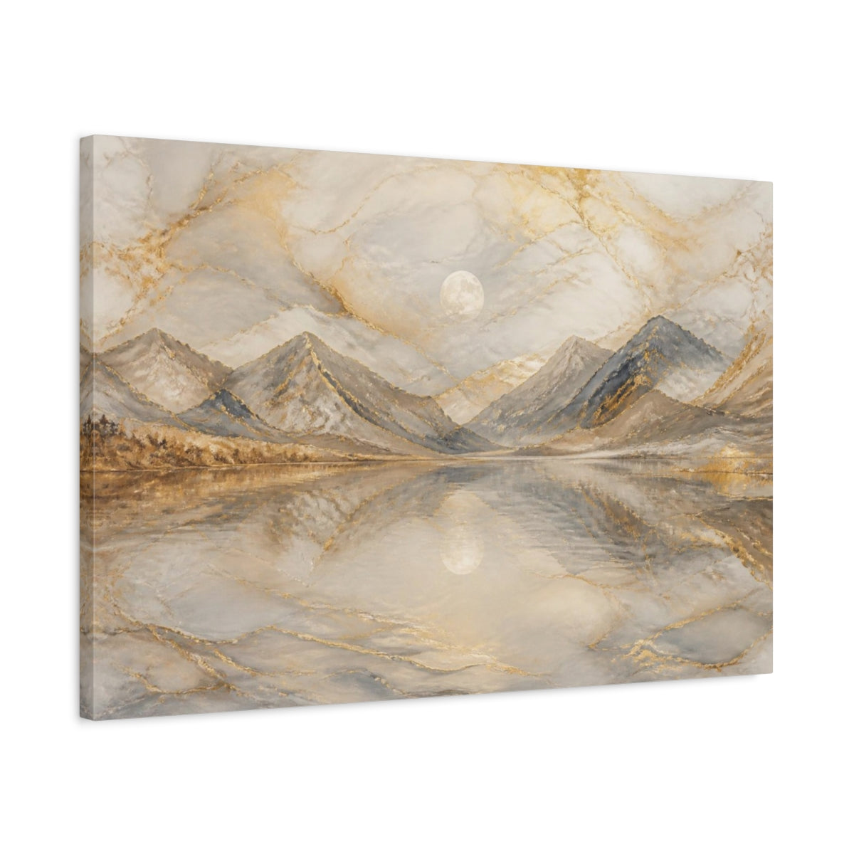 Side Mockup 2. Moonlit Golden Mountain Lake shown as canvas print