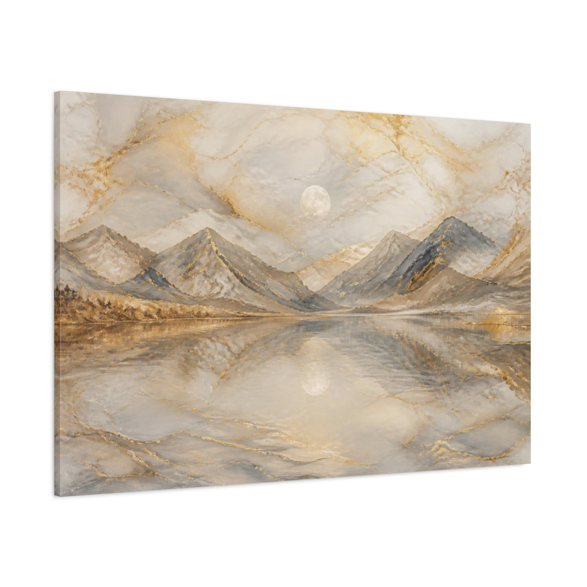 Side Mockup 1. Moonlit Golden Mountain Lake shown as canvas print