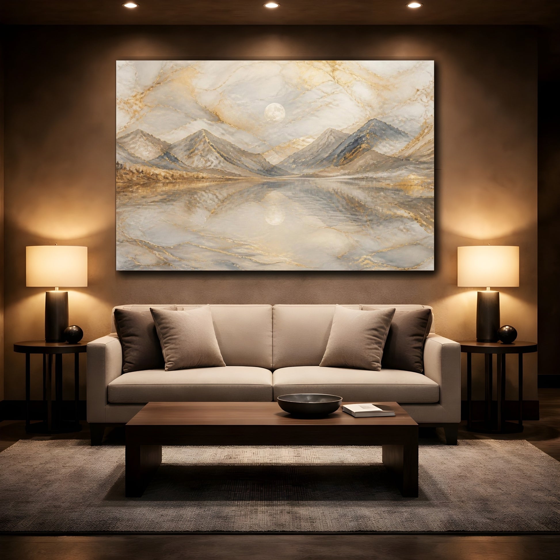 Mockup 2. Moonlit Golden Mountain Lake shown as canvas print