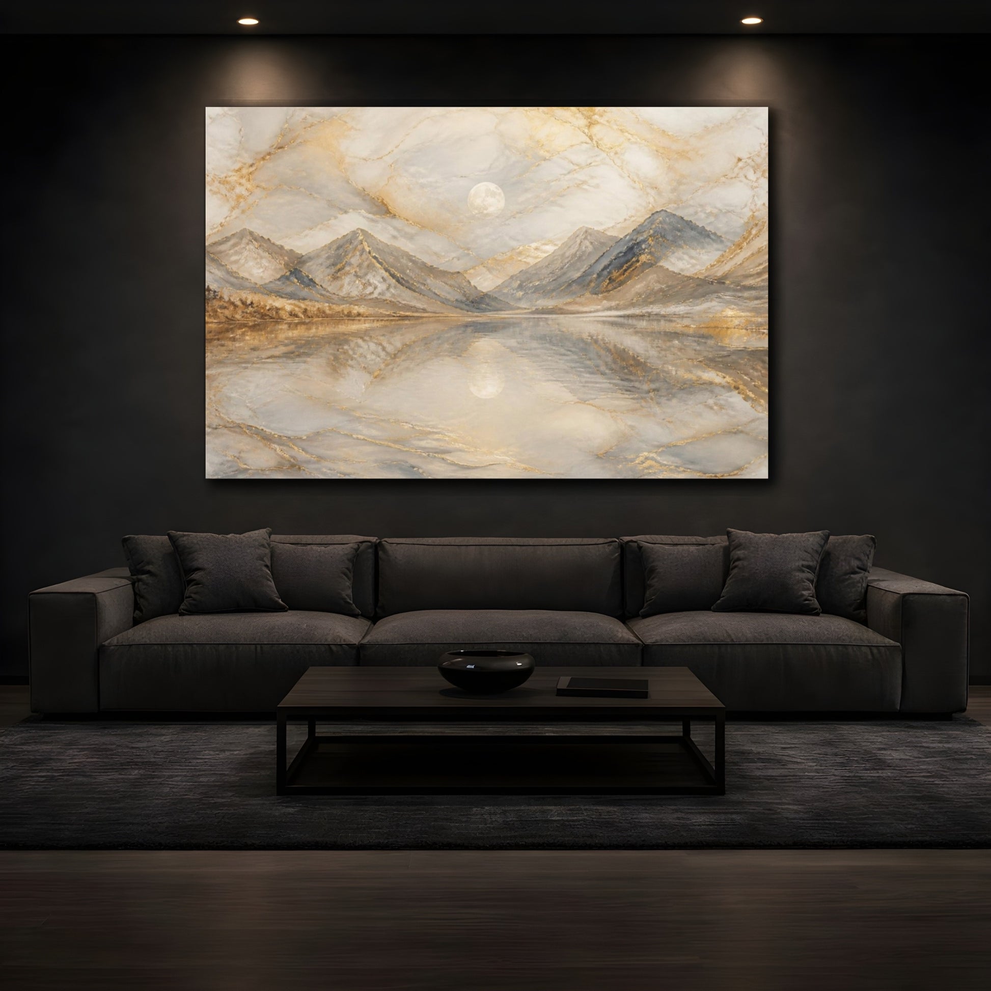 Mockup 3. Moonlit Golden Mountain Lake shown as canvas print