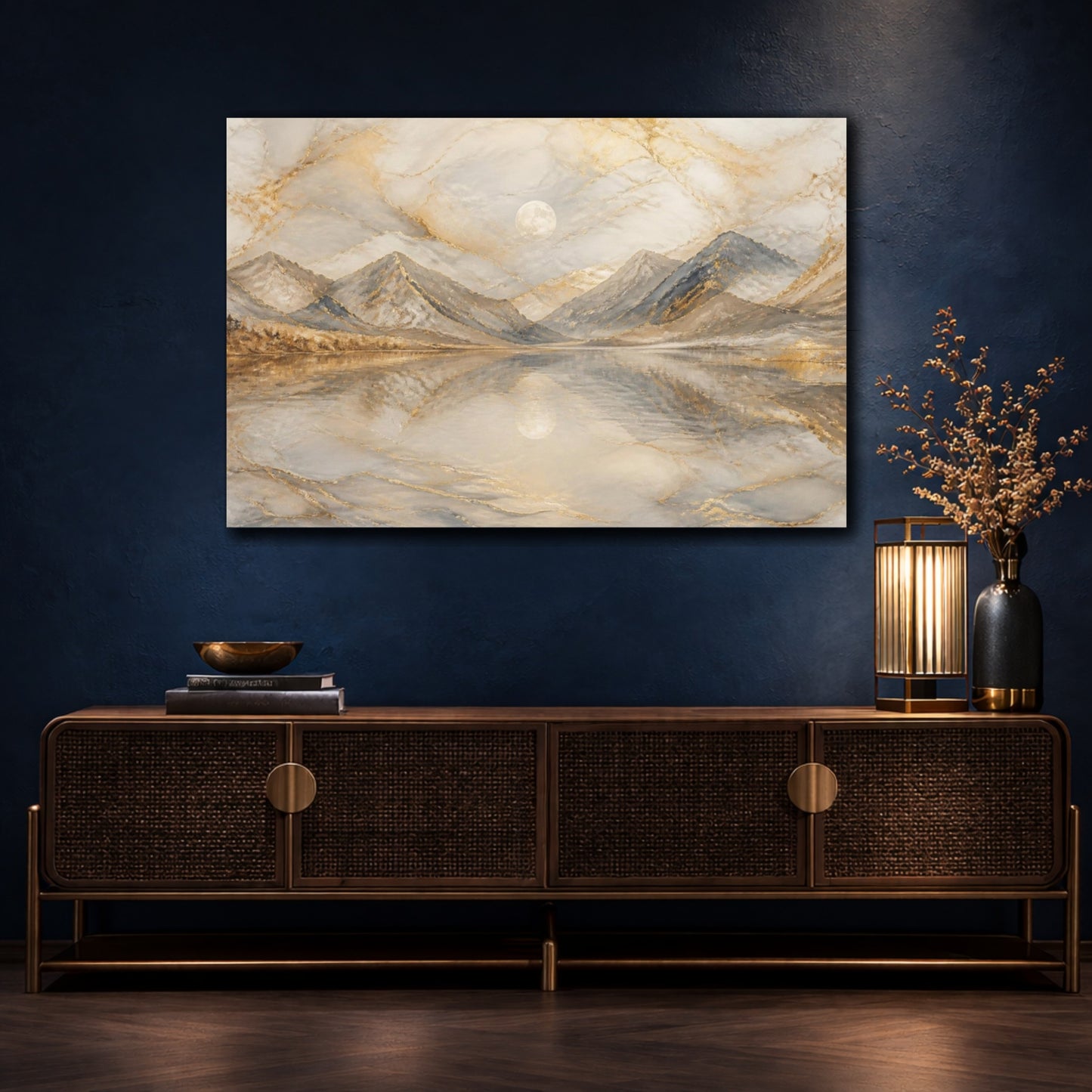Mockup 4. Moonlit Golden Mountain Lake shown as canvas print