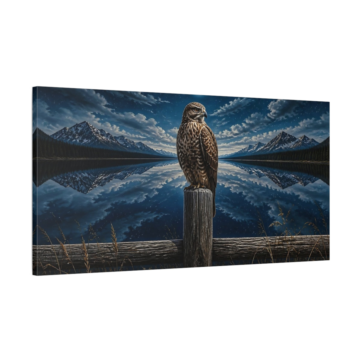 Main Mockup. Moonlit Hawk Animals shown as canvas print