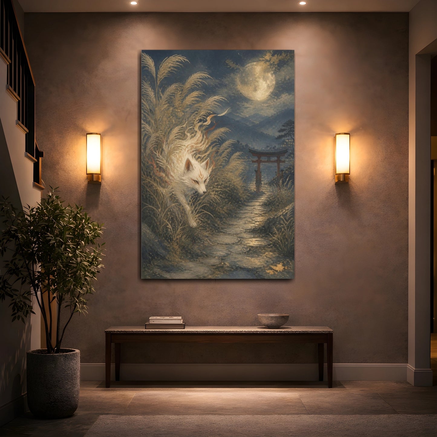 Mockup 2. Moonlit Japanese Fox shown as canvas print