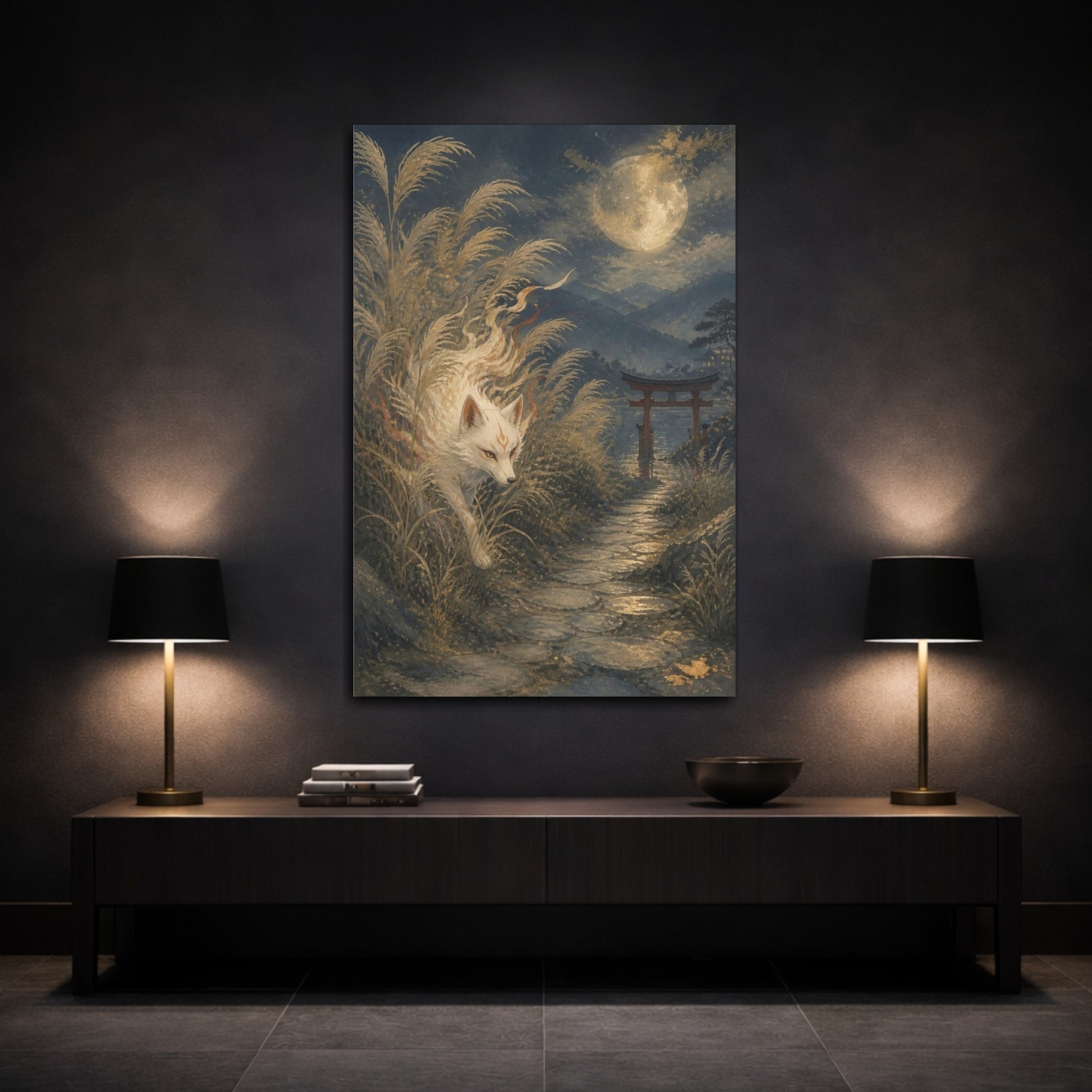 Mockup 3. Moonlit Japanese Fox shown as canvas print