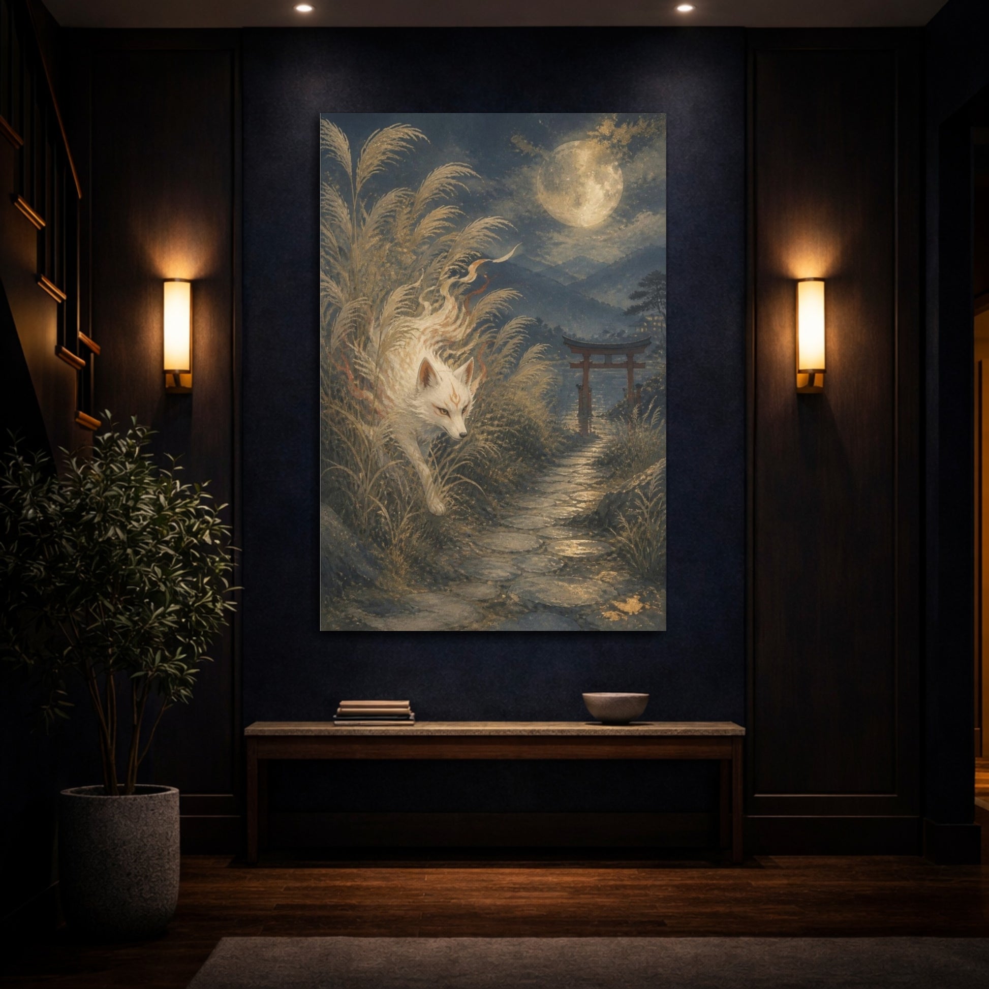Mockup 4. Moonlit Japanese Fox shown as canvas print