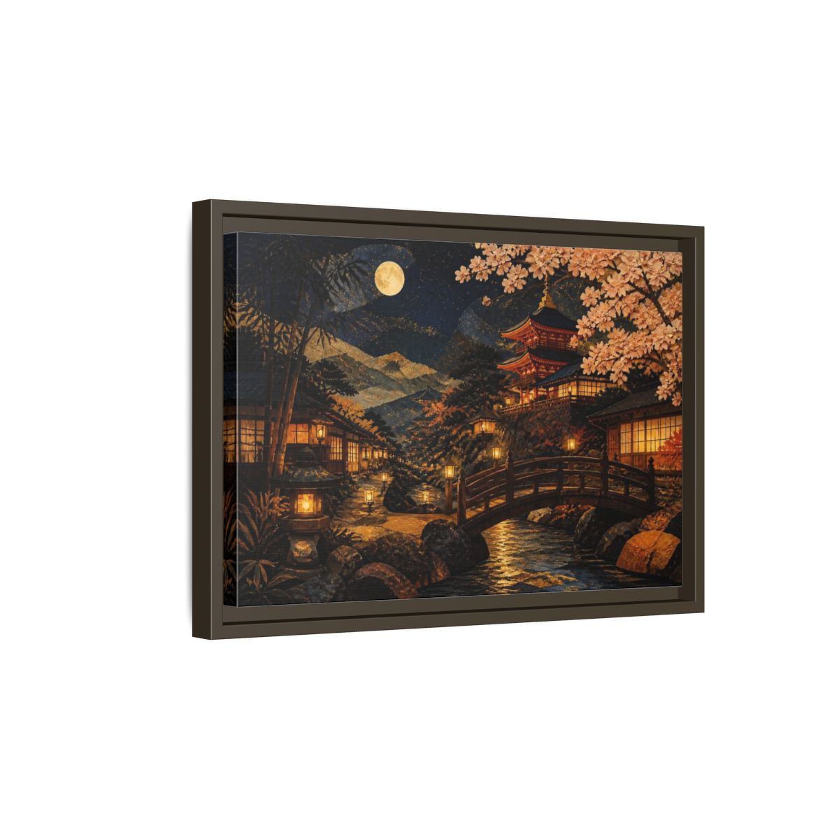 Side Mockup 5. Moonlit Japanese Pagoda shown as framed canvas print