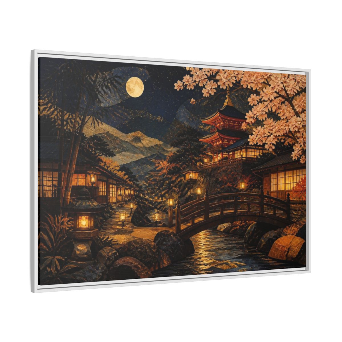 Side Mockup 7. Moonlit Japanese Pagoda shown as framed canvas print