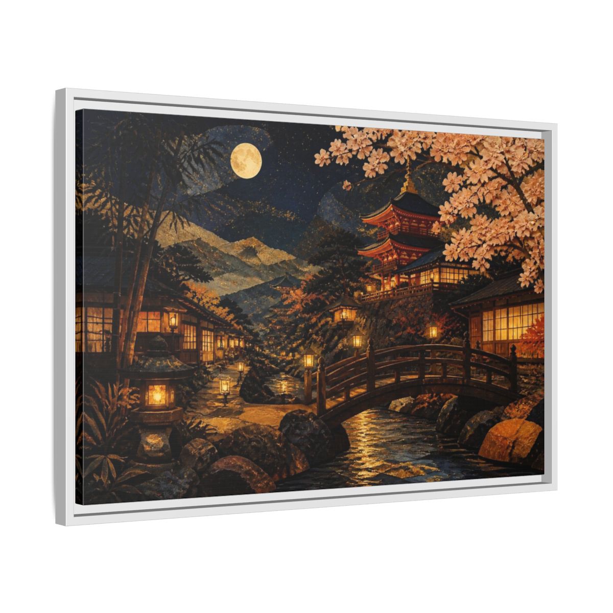 Side Mockup 10. Moonlit Japanese Pagoda shown as framed canvas print