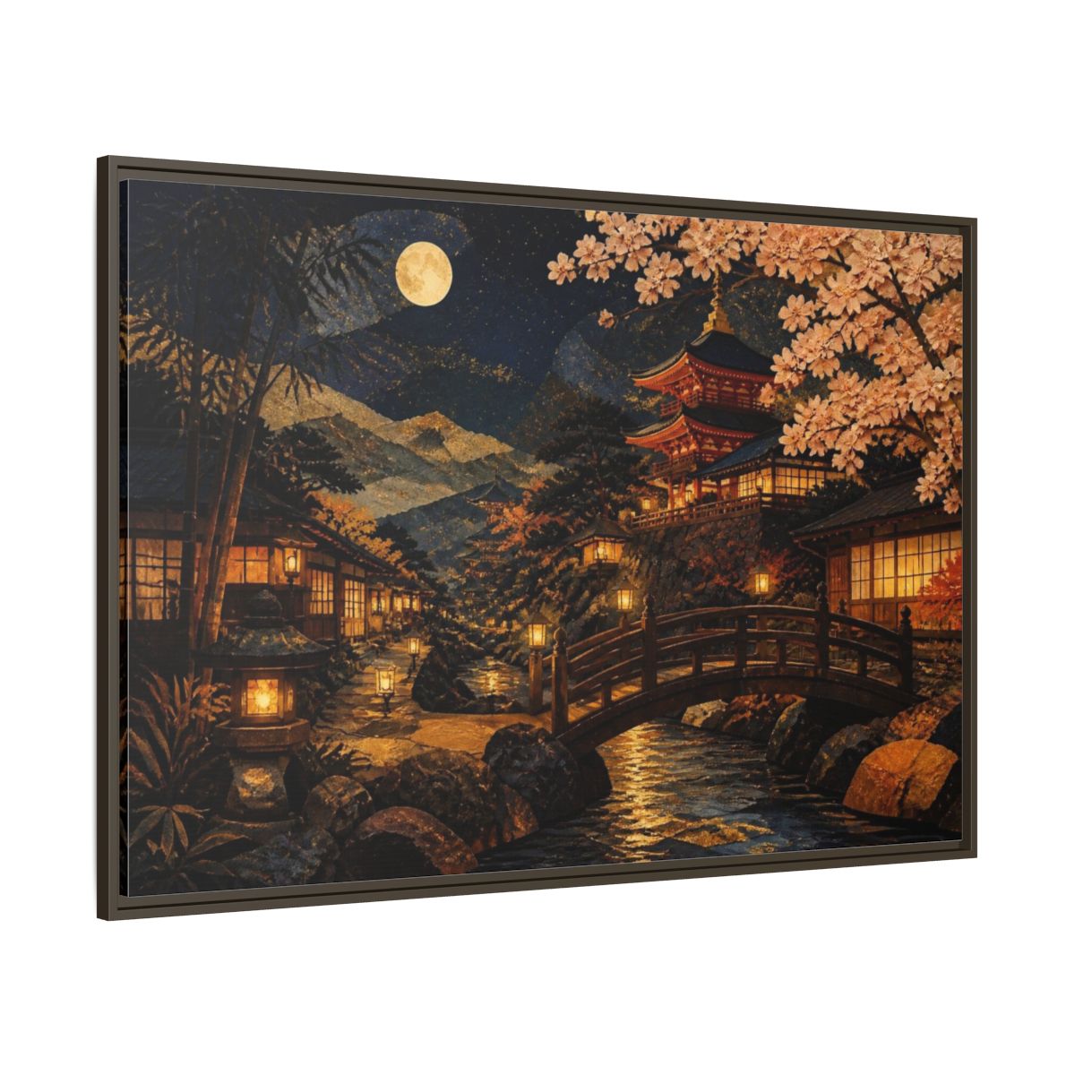 Side Mockup 8. Moonlit Japanese Pagoda shown as framed canvas print