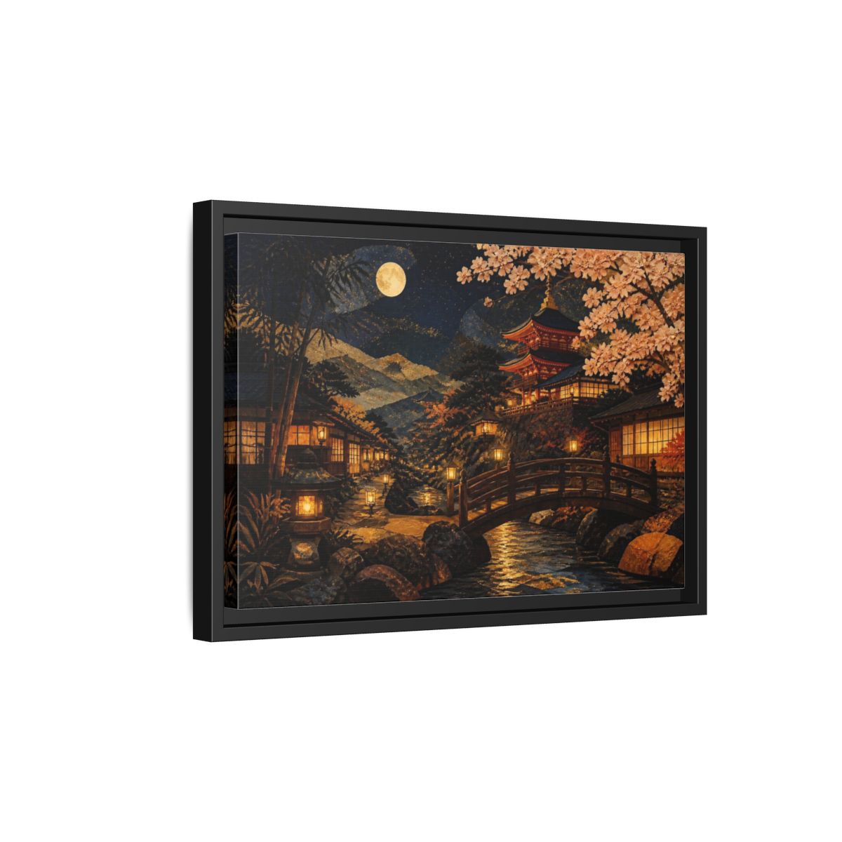 Side Mockup 6. Moonlit Japanese Pagoda shown as framed canvas print
