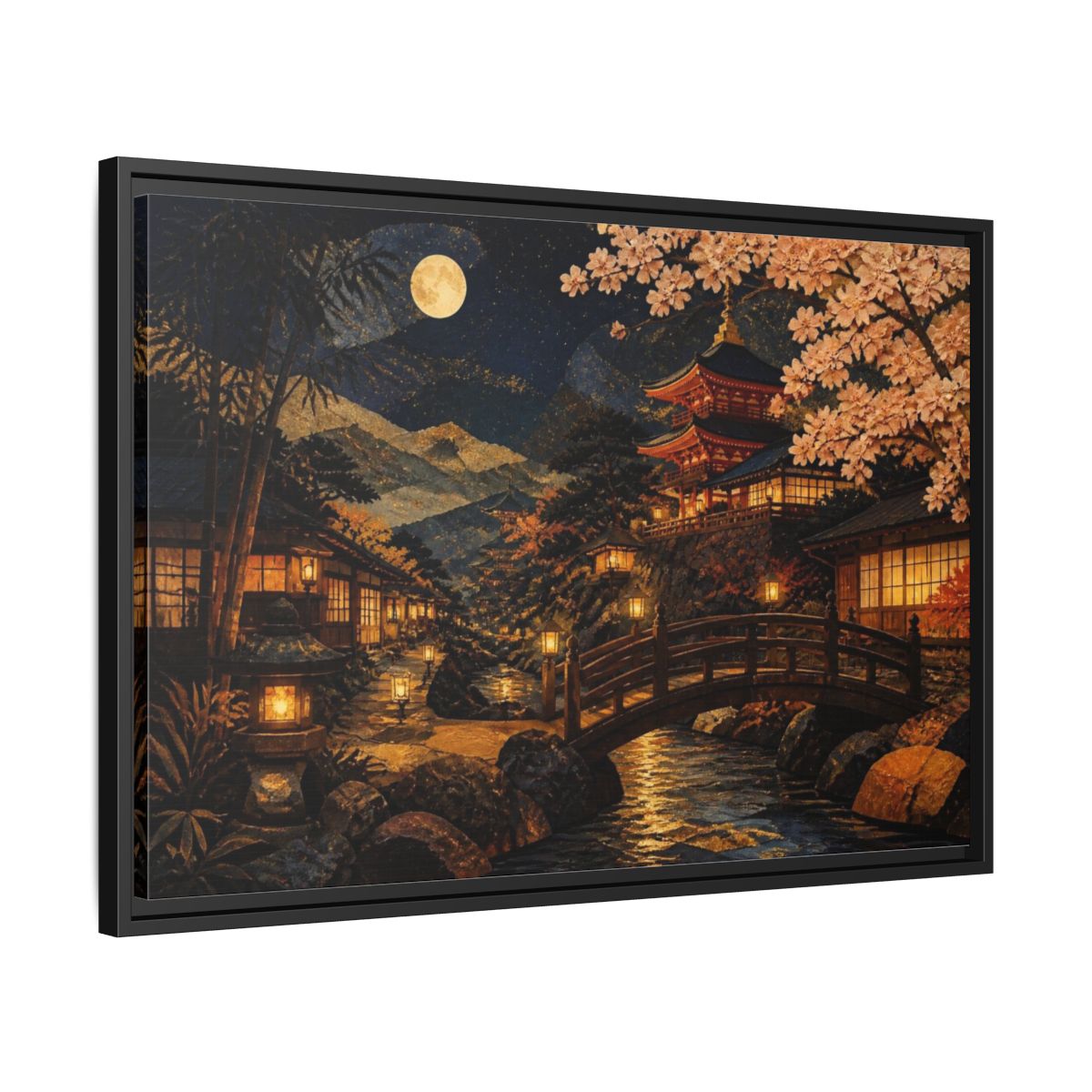 Side Mockup 14. Moonlit Japanese Pagoda shown as framed canvas print