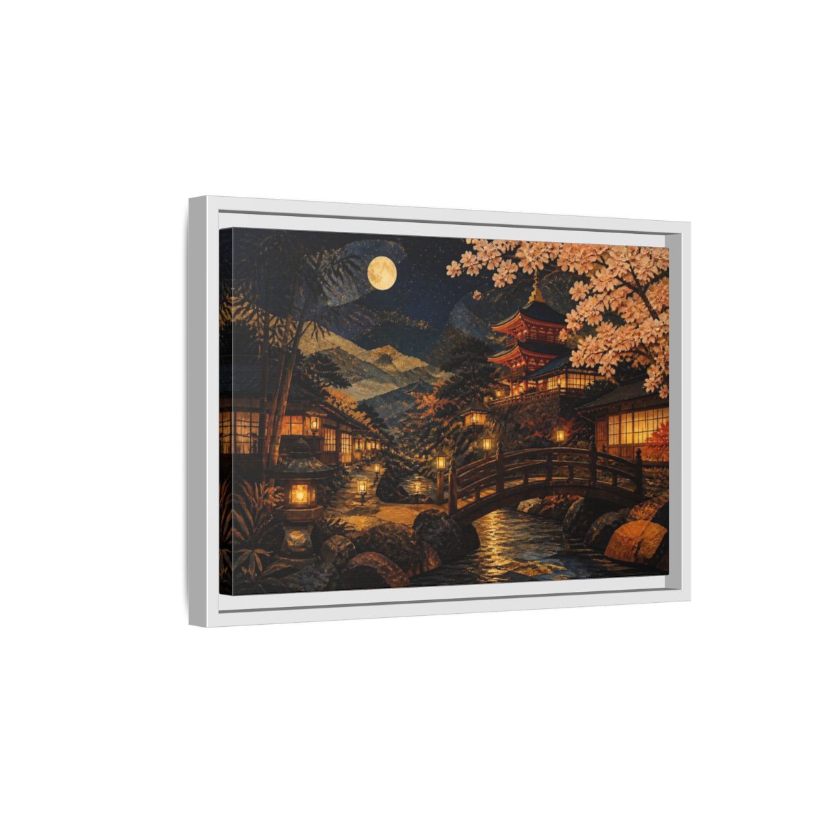 Side Mockup 4. Moonlit Japanese Pagoda shown as framed canvas print