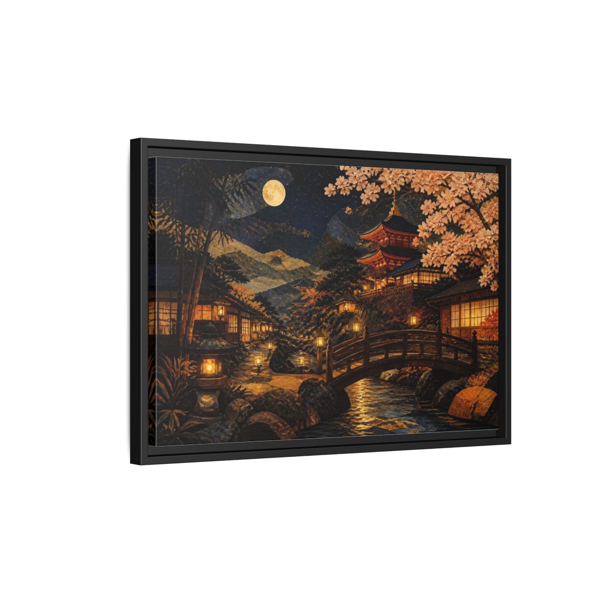 Side Mockup 3. Moonlit Japanese Pagoda shown as framed canvas print