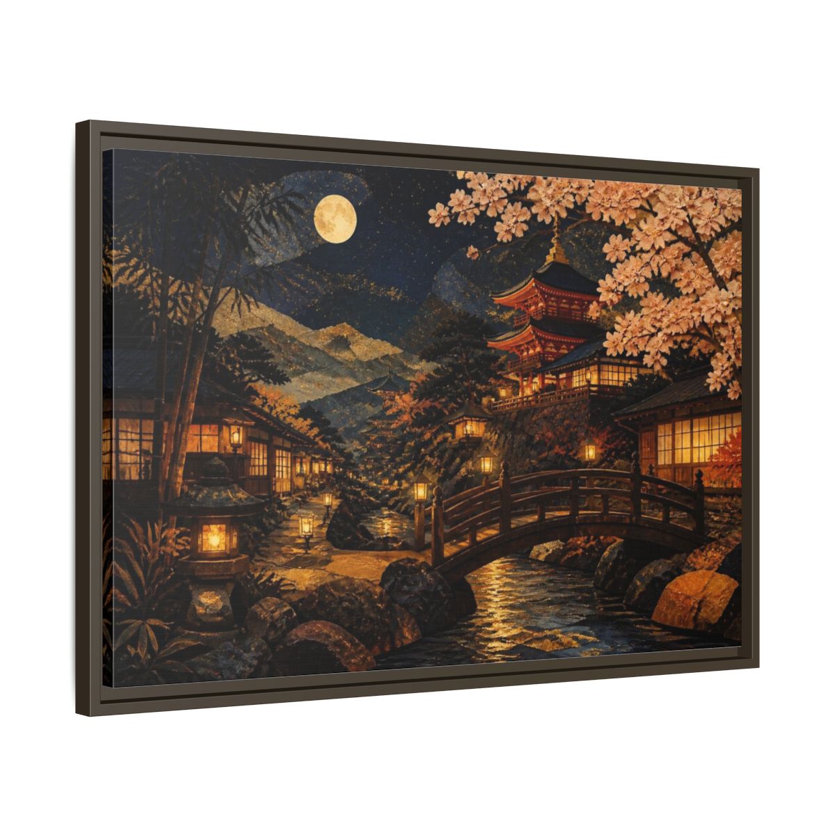 Side Mockup 11. Moonlit Japanese Pagoda shown as framed canvas print