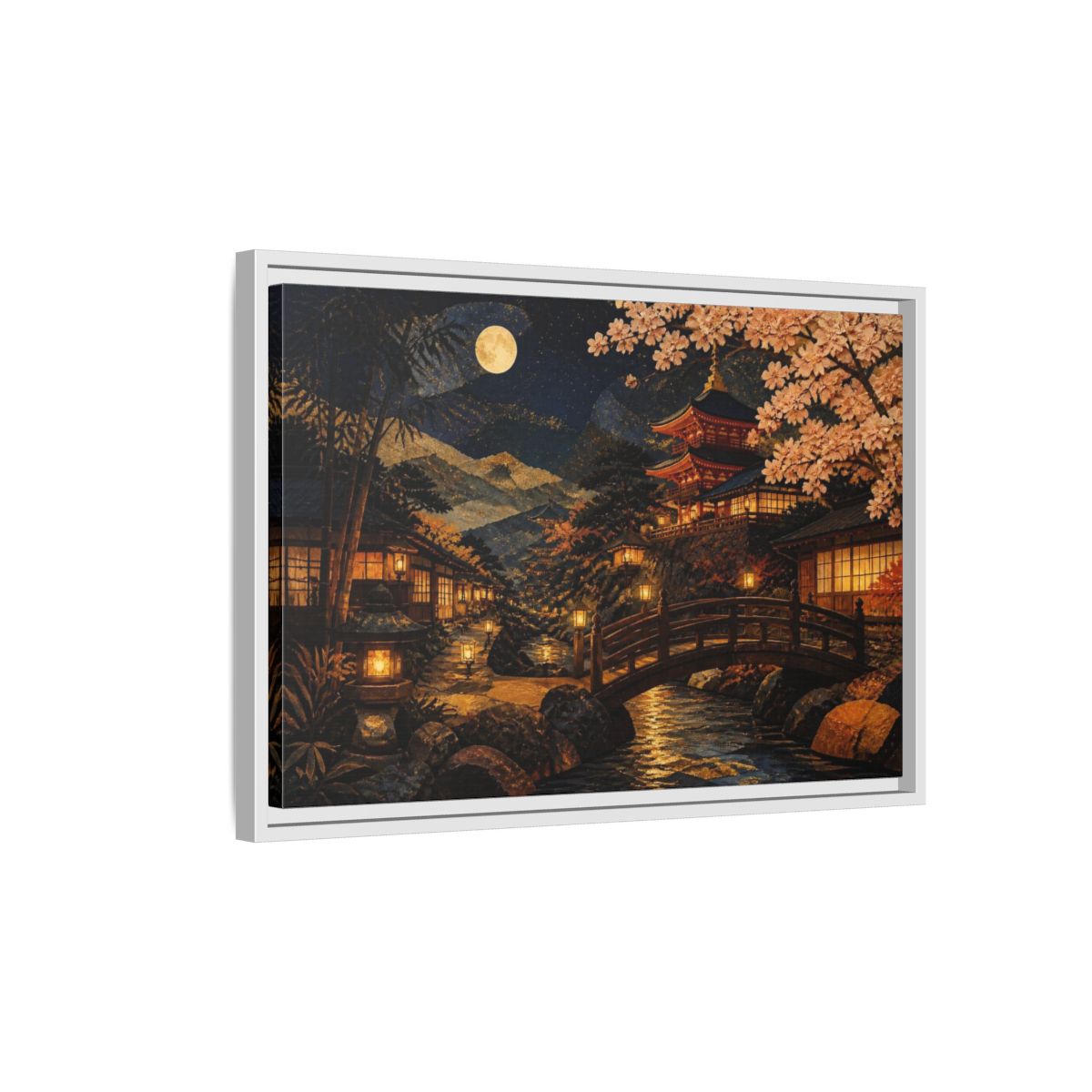 Side Mockup 1. Moonlit Japanese Pagoda shown as framed canvas print