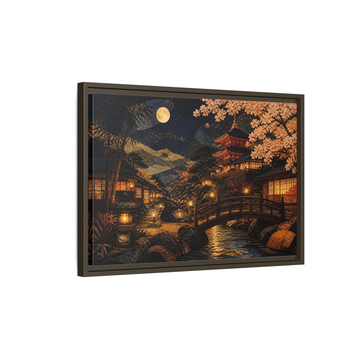 Side Mockup 2. Moonlit Japanese Pagoda shown as framed canvas print