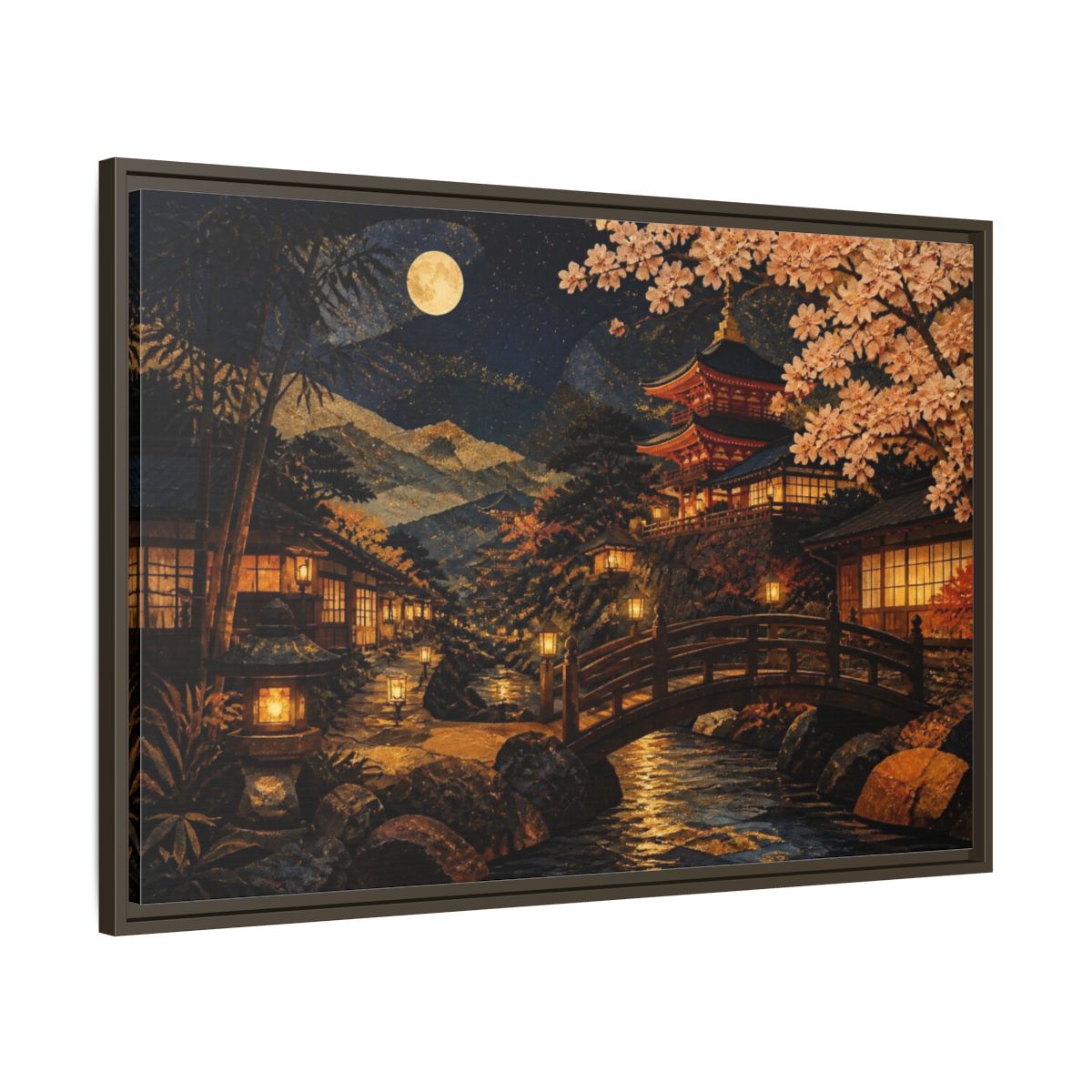 Main Mockup. Moonlit Japanese Pagoda shown as framed canvas print