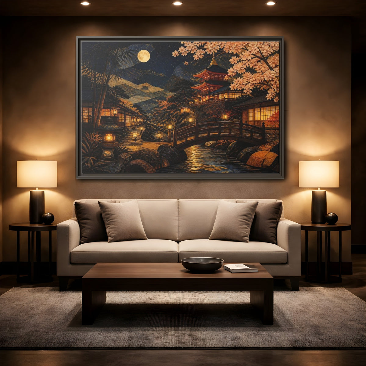 Mockup 2. Moonlit Japanese Pagoda shown as framed canvas print