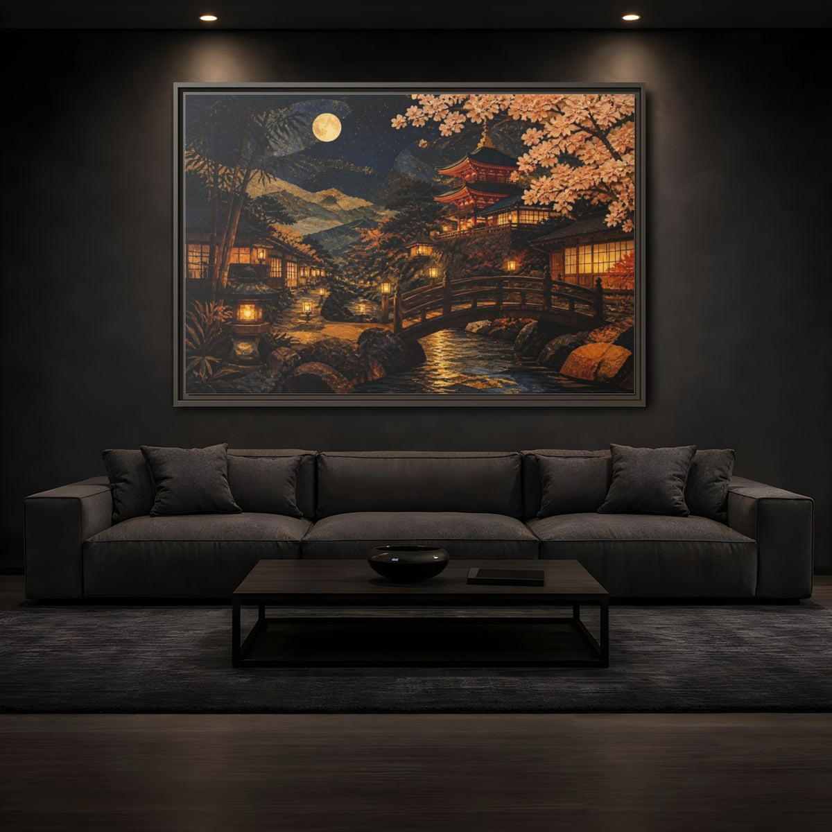 Mockup 3. Moonlit Japanese Pagoda shown as framed canvas print