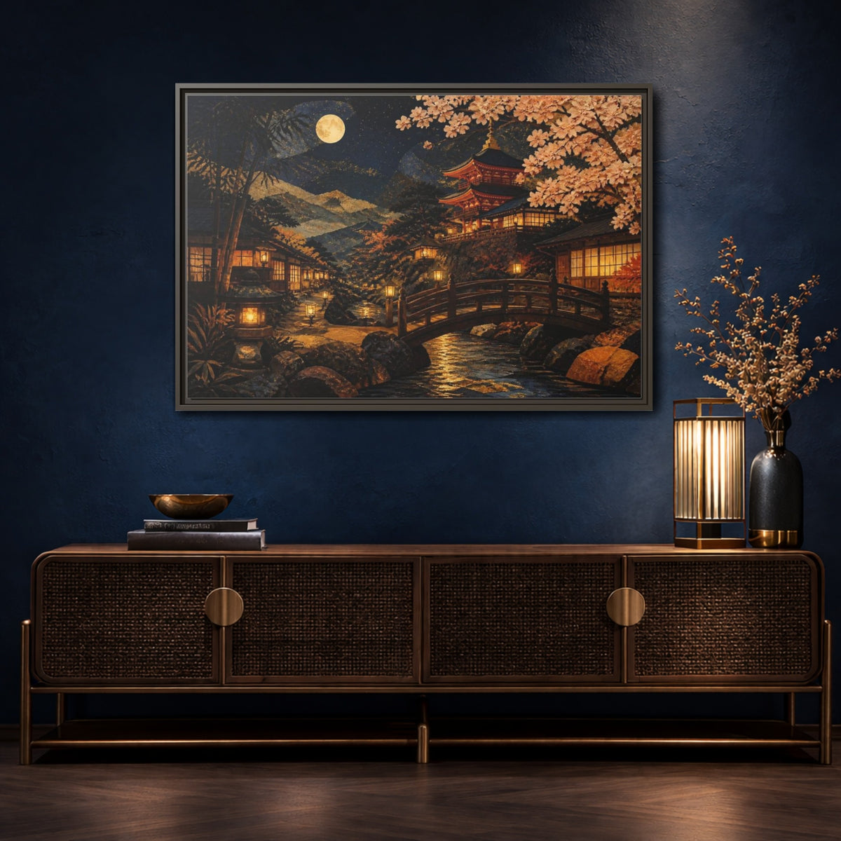 Mockup 4. Moonlit Japanese Pagoda shown as framed canvas print