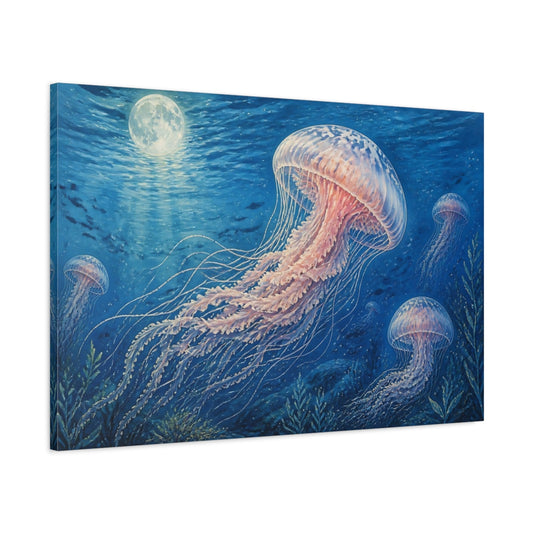 Main Mockup. Moonlit Jellyfish Drift shown as canvas print