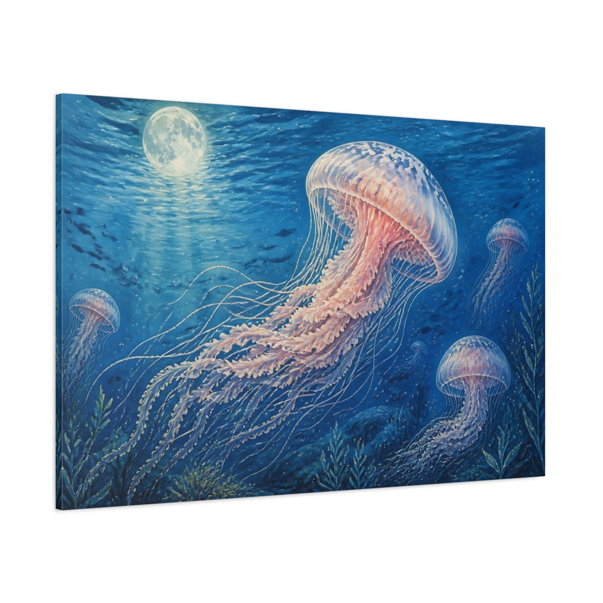 Side Mockup 1. Moonlit Jellyfish Drift shown as canvas print