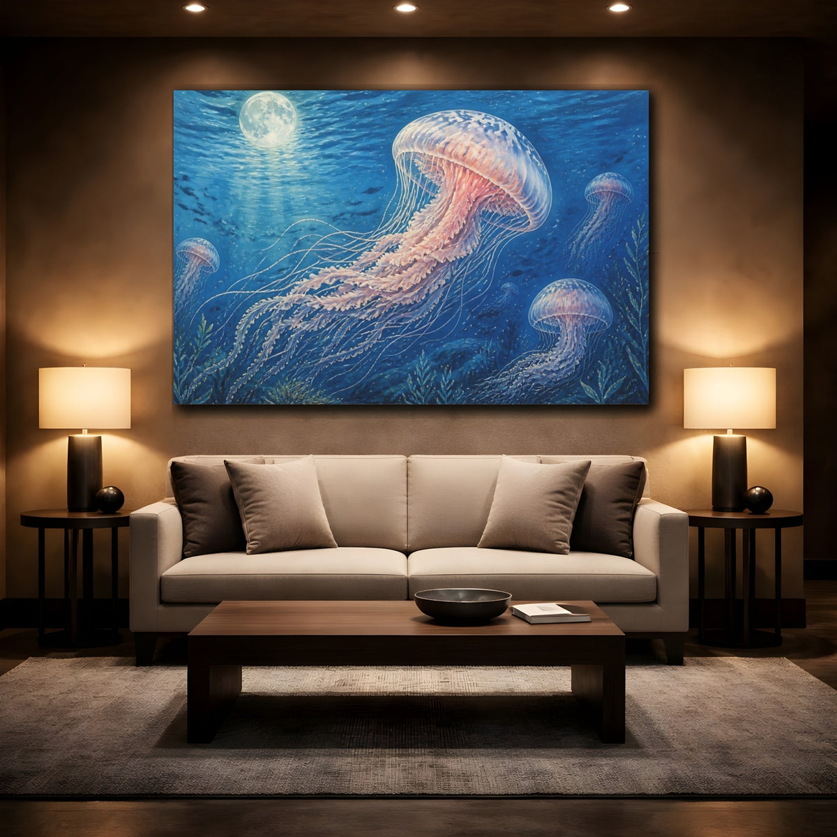 Mockup 2. Moonlit Jellyfish Drift shown as canvas print