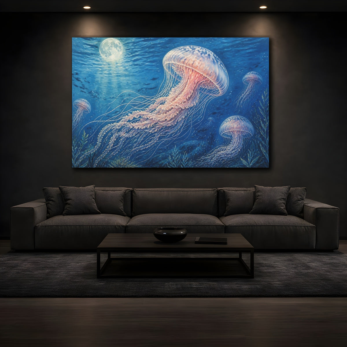 Mockup 3. Moonlit Jellyfish Drift shown as canvas print
