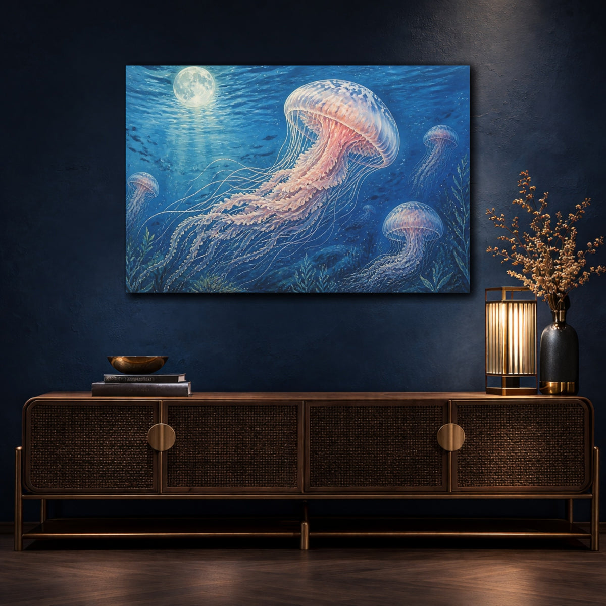 Mockup 4. Moonlit Jellyfish Drift shown as canvas print